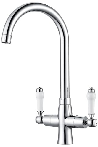 Sistaby Traditional Kitchen Mixer Taps 1 Hole Dual Lever Victorian Chrome Kitchen Tap with Porcelain Handles Vintage Style Sink Mixers Tap Swan Neck Brass Faucet 360° Swivel Spout
