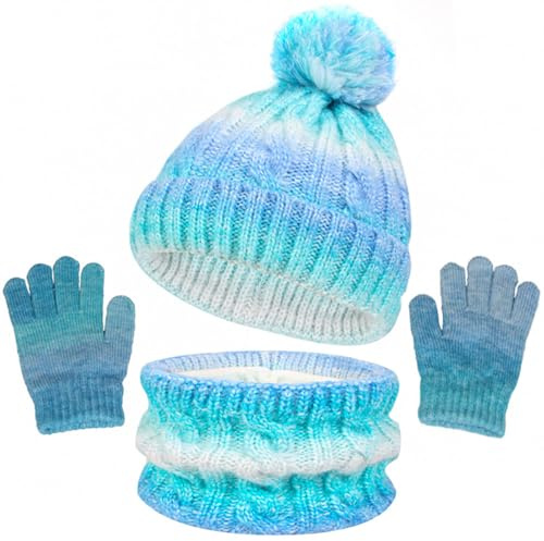 Mayoii Kids Hat Scarf Gloves Set – 3-in-1 Winter Knitted Hat Scarf and Gloves Set for Kids with Pom Pom Beanie, Neck Warmer & Mittens for Boys Girls Aged 3–10 (Gradient blue white)