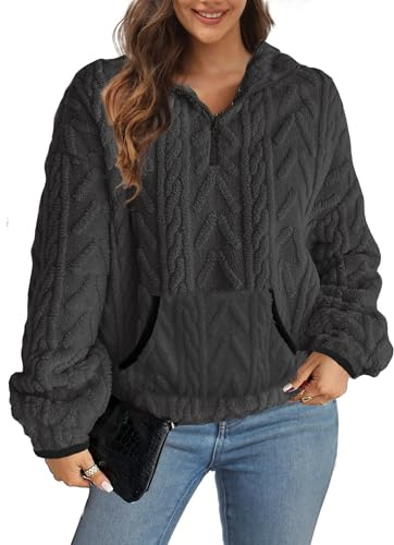 Koerye Felpe Donna Senza Cappuccio Pullover Pile Top Casual Termico Manica Lunga Pullover Tops Eleganti Caldo Hoodie Fleece Jumper Grigio Scuro,L