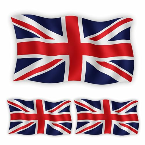 Union Jack Stickers for Vehicles Laptops and Walls / 3 Pack (1 Large 16x10cm and 2 Small 8x5cm) / Premium Gloss Finish Wipeable Weatherproof/Clear Removeable Adheisive/External Use /