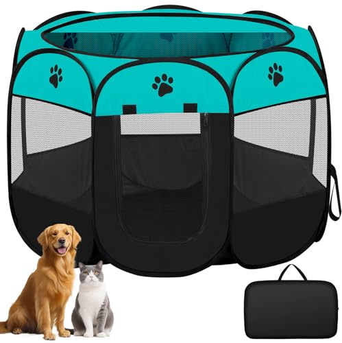Dog Cat Playpen, Puppy Pet Playpen Indoor & Outdoor, Foldable Pop Up Cat Kennel Dogs Tent, Pet Play Pen with Zipper Top Cover, Carrying Case for Puppies, Kittens - Blue L(91 * 91 * 58)