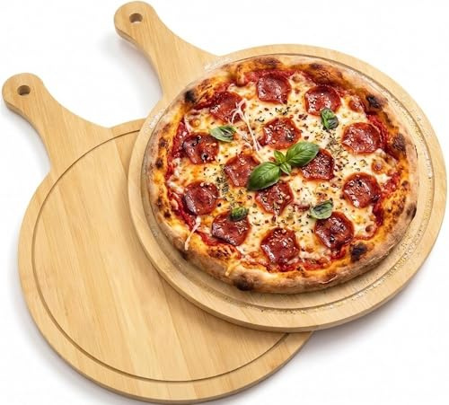 STOUCLA 2 Pizza Platos,Tabla ,Madera Redonda 30 cm Con asa,Pizza Plate | Plato base con ranuras, para cortar y servir embutidos, pan, queso y pizza, color madera natural