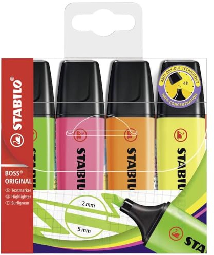 Textmarker - STABILO BOSS ORIGINAL - 4er Pack - gelb, orange, grün, pink