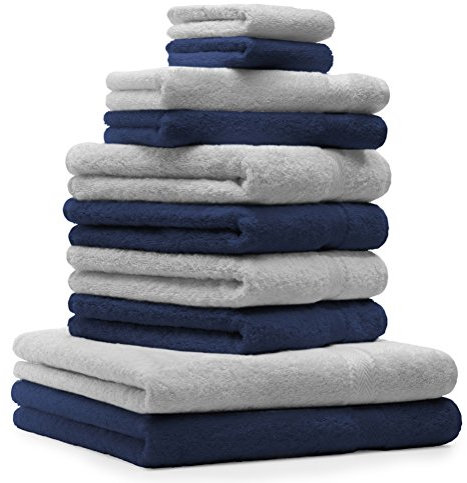 Betz Premium Handtuch-Set 10-teilig – 100% Baumwolle – Oeko-TEX® Zertifiziert – saugfähig&weich – 470g/m² – Duschtücher, Handtücher, Gästetücher & Waschhandschuhe – Farbe Dunkel Blau & Silber Grau