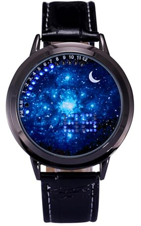 MINILUJIA 30M Waterproof Binary Fashion Led Touch Screen Men Watch Starry Sky Watch Universe Milky Way Unique Cool Men Watches with Soft Leather Strap (Milky Way Blue)