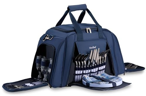 VonShef Picnic Holdall, Extra Large Navy Bag with 6 Person Dining & Cutlery Set, Picnic Travel Bag with Insulated Cooler Compartment, Beach & Camping Accessories