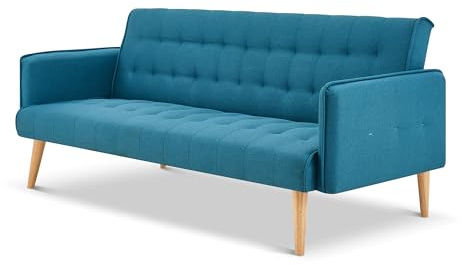Bravich Mario 3 Seater Sofa Bed | Click Clack Folding Sofa Bed, Linen Fabric 3 Seater Couch to Guest Sleeping Surface for Living Room, Bedroom & Spare Room, Sea Blue