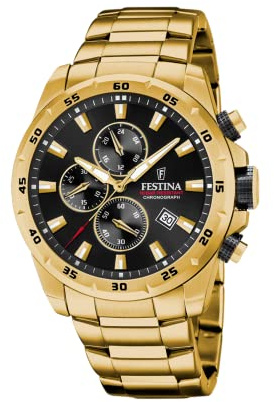 Festina Herren Uhr Analog aus Edelstahl 316L Goldfarben - Quarzwerk - Chronograph - Kalender - Mineralglas mit hoher Widerstandsfähigkeit - Wasserdicht bis 10 ATM F20541/4 Chrono Sport