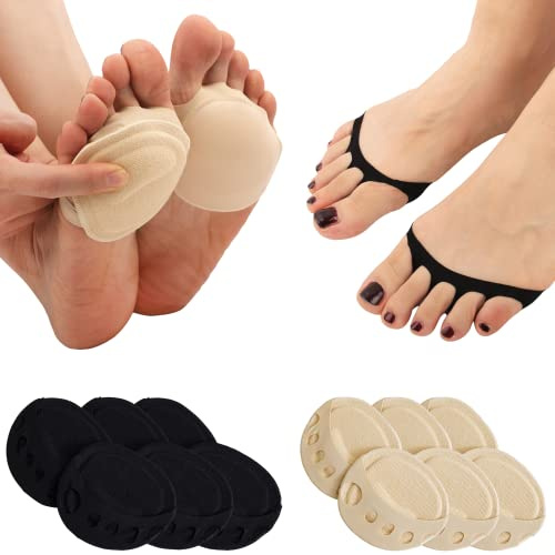 Flammi 6 Pairs Women's Peep Toe Cover with 3D Padding Toe Topper Liner Socks Non-Skid Bottom(Ice Silk-3beige3black)