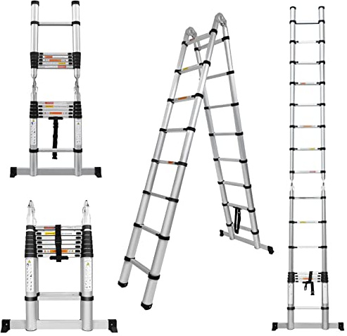 16.4ft Aluminum Telescopic Extension Ladder 2-in-1 A-Frame Ladder or Straight Ladder, 8+8 Steps Adjustable Height, Portable Folding Ladder A-Shape Ladder, Folded Height 3ft, Max Load 330lbs