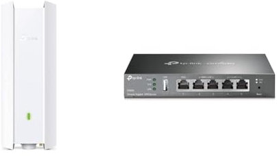 TP-Link EAP610-Outdoor AX1800 Gigabit Dualband WiFi 6 WLAN Access Point weiß & ER605 5 Port Dual/Multiple WAN VPN Router(bis zu 4 Gigabit WAN Ports, hochsicheres VPN) schwarz, ideal für Büronetzwerk