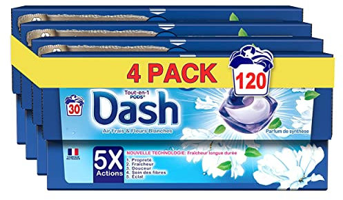Dash Tout-en-1 PODS Lessive En Capsules, 120 Lavages (4x30 Tablettes), Air Frais Et Fleurs Blanches, Ultra Nettoyant Et Fraîcheur Longue Durée, Élimine Les Saletés et Taches, Fabriqué en France