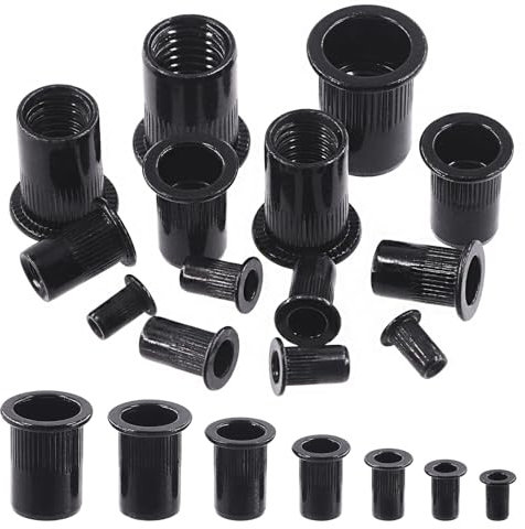 Rustark 100 tuercas de remache M4 SAE de acero al carbono chapado en zinc negro tuercas de remache moleteadas de cabeza plana tuercas de inserción roscadas