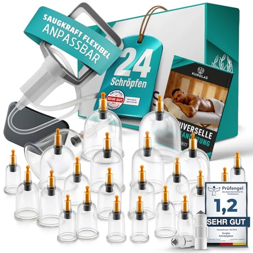 KURGLAS Schröpfgläser mit Vakuumpumpe [24 Stück] - Medizinische Schröpfen mit Therapiemagneten & Faszienschaber - Schröpfset mit e-Book - Schröpfglas aus Kunststoff - Gegen Verspannungen & Cellulite