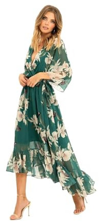 Yumi Floral Print Green Kimono Midi Wrap Dress 12 Green