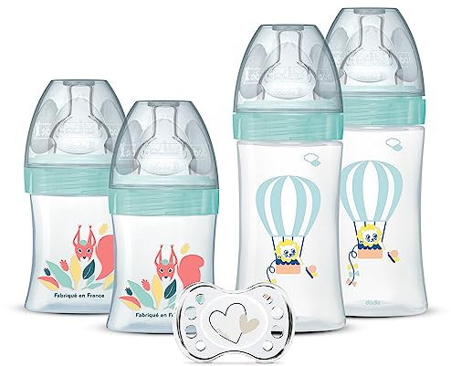 DODIE Lot de 4 biberons naissance Tétine Plate Anti-Colique (2x150mL et 2x270mL), + une sucette naissance