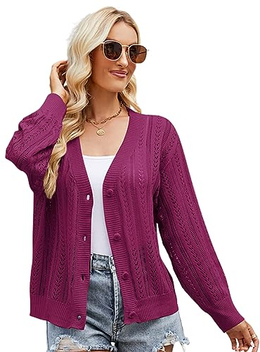 CRETUAO Botones de Manga Larga de Moda para Mujer Suéter Cárdigan Casual Cuello en V Ahueca hacia Fuera Cárdigan de Punto Liso Acogedor Suelto Recortado Prendas de Abrigo