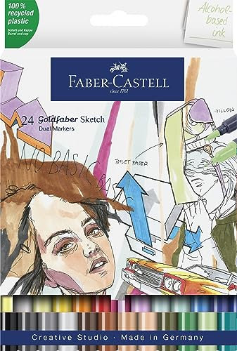 Faber-Castell 164724 - Goldfaber Sketch Marker, 24er Etui Alkohol Marker mit Brush Spitze und Fineliner Spitze