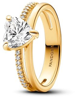PANDORA Timeless Doppelband Herz Ring mit aus Sterling Silber mit vergoldeter Metalllegierung und Cubic Zirkonia, Größe 52, 163100C01-52