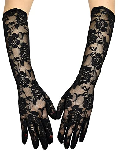 Guanti da donna in pizzo elasticizzato con lunghezza al gomito,guanti neri da sposa floreali,guanti da flapper anni '20 per l'opera,accessori per costumi da festa di sera Cosplay