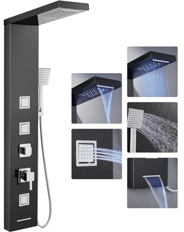 LED Duschpaneel mit Armatur, OUGOO 5 Funktionen Duschpaneele Komplett mit Regendusche, Wasserfalldusche, 3 Massagedüsen, Handbrause und Wanneneinlauf, Dusche Panel Edelstahl, Schwarz