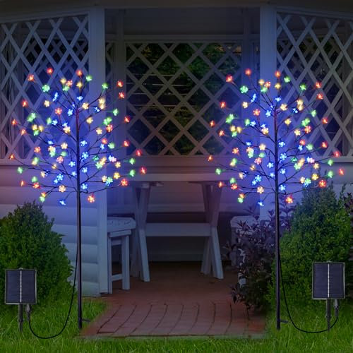 GOESWELL Luces solares de 1,5 m con 104 LED para exteriores, flores de cerezo de colores, árboles de luz solar de jardín con ramas ajustables para camino, patio, césped, patio trasero, decoración de