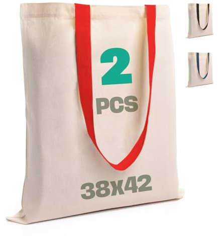 SCANDBAGS – Stoffbeutel – mit farbigen Henkeln – Öko-Material – zum Bedrucken und Bemalen – Einkaufstasche – Baumwolltasche – Unbedruckt – für Geschenke - 2 Stück (Red)