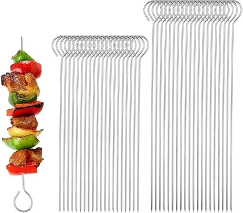 Spiedini in acciaio inox, 40 pezzi, 20 cm e 25 cm, spiedini per barbecue, riutilizzabili, pic a spiedino, accessorio per barbecue, per campeggio, feste picche, nicchie