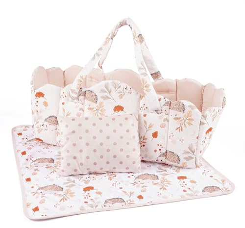 BABESIDE 3 Pcs Baby Doll Bassinet with Doll Bedding Set for 17-22 Inch Babydolls, Cute Animal Print Baby Dolls Crib with Blanket for Reborn Baby Doll Accessories, Off-White