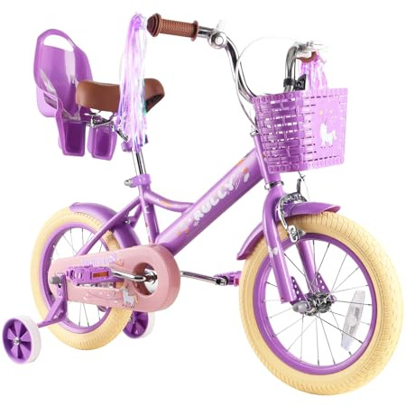 RULLY Bicicletta per bambini da 14 pollici per bambine dai 3 ai 5 anni, con ruote stabilizzatrici, freno anteriore, cestino, nastri decorativi – colore viola