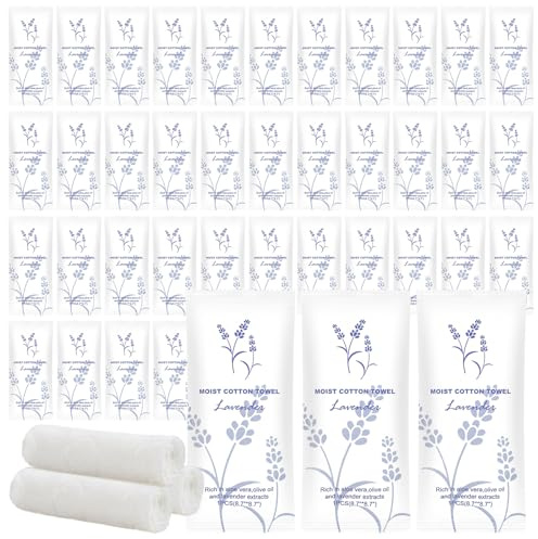 Moist Cotton Towel Bulk Moist Towelettes Individually Wrapped,White Towel Services,Refreshment Pre Moistened Towels for Dentist Travel Sport Party Hotel 50，Lavender