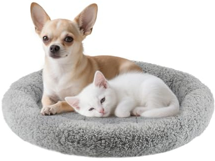 PETLESO Cat Bed Mat 19.5 Round Pad with Pillow Around, Warm Plush Cushion for Small to Medium Dogs Cats Sleep/Nap, Neck Protection Mattress, Non-Slip Washable, Large