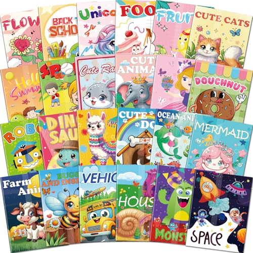Kalysky Lot de 24 Mini Livres de Coloriage pour Enfants de 2 à 8 ans, Cahier Coloriage Enfant en vrac pour tout-petits, 288 illustrations différentes, Cadeau pour Enfants sacs de fête
