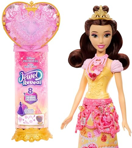 Mattel Disney Princess Belle Modepuppe und Zubehörteile mit 8 Überraschungen, darunter herzförmige Juwelenbox, Ring für Kind und 9 Teile, vom Film inspiriert, JHL51, [Mehrfarbig]
