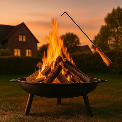 Worldgeil Brasero Exterior Jardin – Brasero Exterior Ø 58 cm con 2 Asas & Rastrillo de 43 cm – Apta para Leña – Fire Pit para Fogata en Jardín & Terraza – Garantía 2 Años