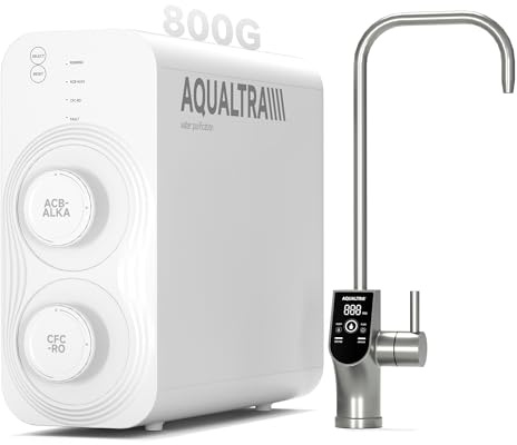 AQUALTRA USF-AR-800 Sistema de ósmosis inversa debajo del fregadero, RO alcalino 10 etapas sin depósito, NSF/ANSI/CAN 372, 800 GPD, relación 3:1, grifo LED inteligente