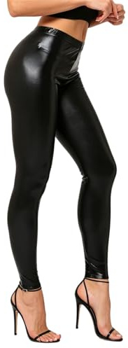 GIVTULIP Women Shiny Wet Look Leggings Faux Leather PVC Trousers Black Latex Pants High Waist Elastic Clubwear Ladies Stretch Trousers Solid Color Skinny Going Out Outfits Soft Party Festival Costume