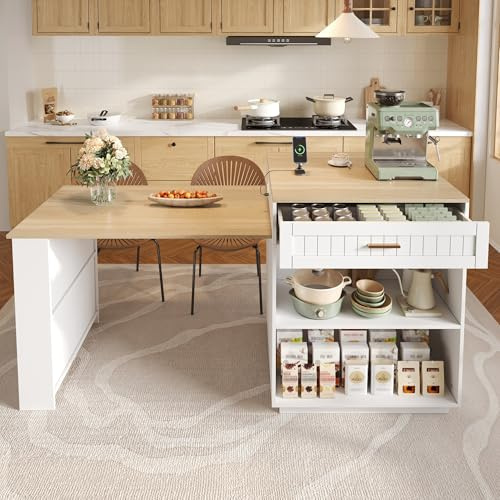 MAMAINI Mobile a isola da cucina, tavolo da bar allungabile con spazio e ruote, mobile da cucina con cassetti e mensola, 121,5-192 x 70 x 92 cm, bianco