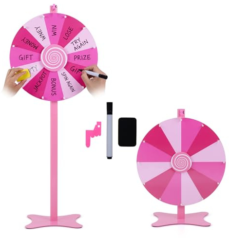 COSTWAY 24 Inch Prize Wheel, 12 Slots Color Roulette Spinner of Fortune, Height Adjustable Spin the Wheel Game with Blackboard Marker, Eraser & Spare Pointer for Party Carnival Tradeshow