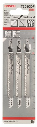 Bosch Professional 3 x Hojas de sierra de calar T 301 CDF Clean for Hard Wood (para Madera dura, corte recto, accesorios Sierra de calar)