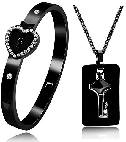 Uloveido Black Stainless Steel CZ Pave Heart Lock Bracelet Bangle & Shield Key Necklace Couples Jewelry Gifts for Boyfriend Girlfriend Y474-Black