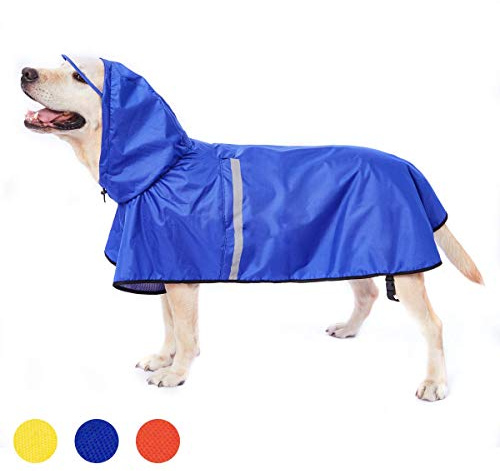 Dociote Impermeable para Perros Grande Ajustable Respirante Capa de Lluvia Chubasquero con Capucha & Collar Agujero para Mascotas Perro Mediano Grande PU Amarillo Azul 3XL