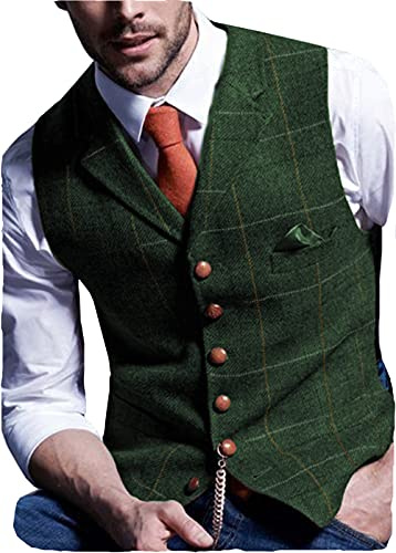 HSLS Chaleco de traje de espiga para hombre Chaleco de vestir de tweed de corte ajustado Chaleco de lana a cuadros(XXL, Verde)