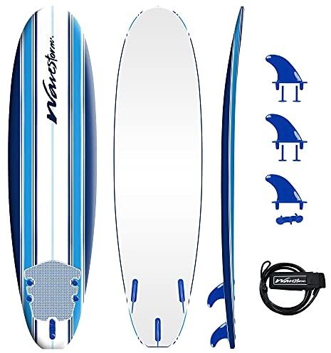 Wavestorm Classic Soft Top Foam 7' Surfboard for Beginners and All Surfing Levels Complete Set Includes Leash and Multiple Fins Heat Laminated, Blue Pinline