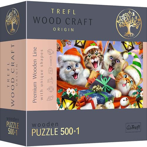 Trefl - Träpussel: Julkattungar - 500+1 bitar, Wood Craft, träslöjd, oregelbundna former, 50 julfigurer, DIY, kul för vuxna och barn från 12 år och uppåt