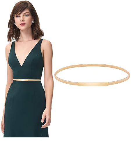 JASGOOD Women Skinny Elastic Waist Belt Thin Gold Metal Stretch Chain Belt for Dresses with Interlock Buckle, Gold, Fit Waist Size 30-33