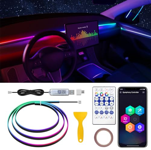 Dreamcolor Acrylic Interior Car LED Strip Light with USB/Type C, 47.24 inches Fiber Optic Tesla Ambient Lighting Kits, 16 Million Colors Sound Active Function for Tesla Model 3/Y/S/X