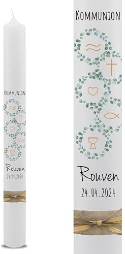 VILLA ROSA LOTTA – Personalisierbare Kommunionkerze Taufkerze „Rouven“ mit Wunschdaten und Rückseite | christliche Symbole | 40 cm x 4 cm | für Jungen und Mädchen | Altarkerze elfenbein