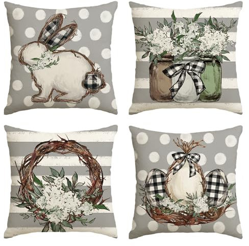 Artoid Mode Striefen Hasen Blumen Ostereier Ostern Kissenbezüge 4er Set, 40x40 cm Saisonnal Zierkissenbezug Cushion Cover Couch Wohnzimmer Deko