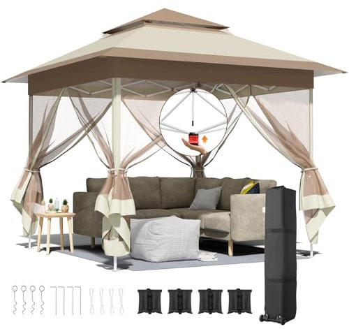 Carpa Plegable 3,3 x 3,3 m con 4 Paneles Laterales de mosquitera, One Push Carpas para Exteriores, Impermeable,Doble Techo, Cenador Pabellón de Jardín,Camping/Mercado/Fiestas/Playa, Marrón Caqui